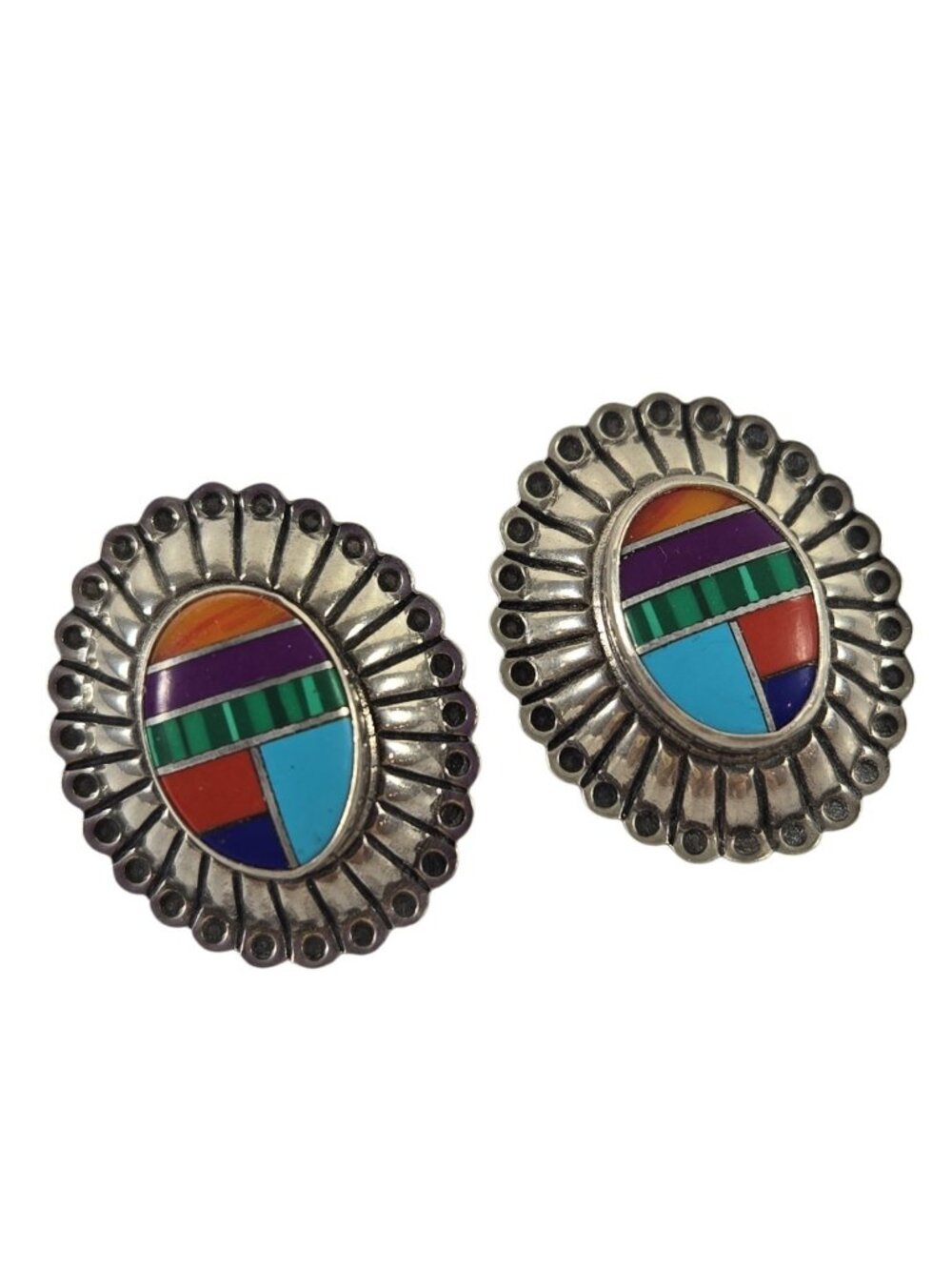 Vintage Sterling Silver Multi-Stone Inlay Stud Earrings Pierced Southwestern